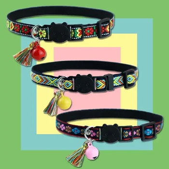 Adjustable cat collar with tassels and bells embellished pet collar colorful plaid jacquard pattern for cat and dog collars 1