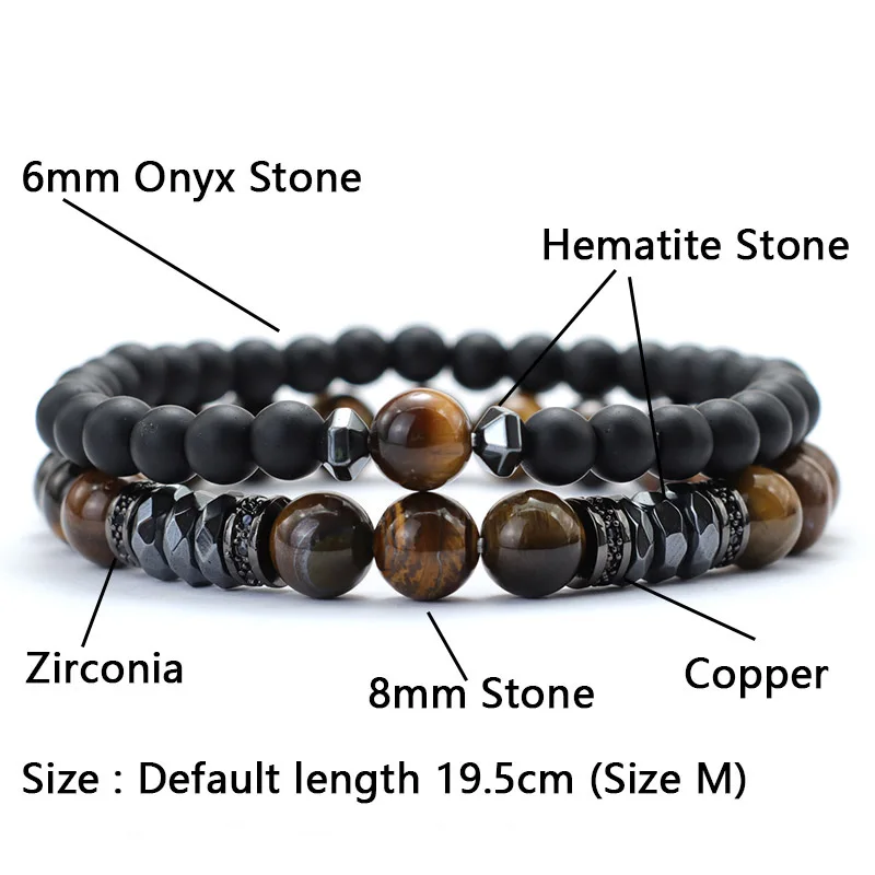 Men Stone Bracelet Luxury Black Zirconia Lapis Lazuli Tiger Eyes