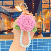 New Crochet Rose Camellia Flowers Keyrings Imitation Pearls Chain Keychain Women Girls Key Chains Rings Charm Bag Gifts 1