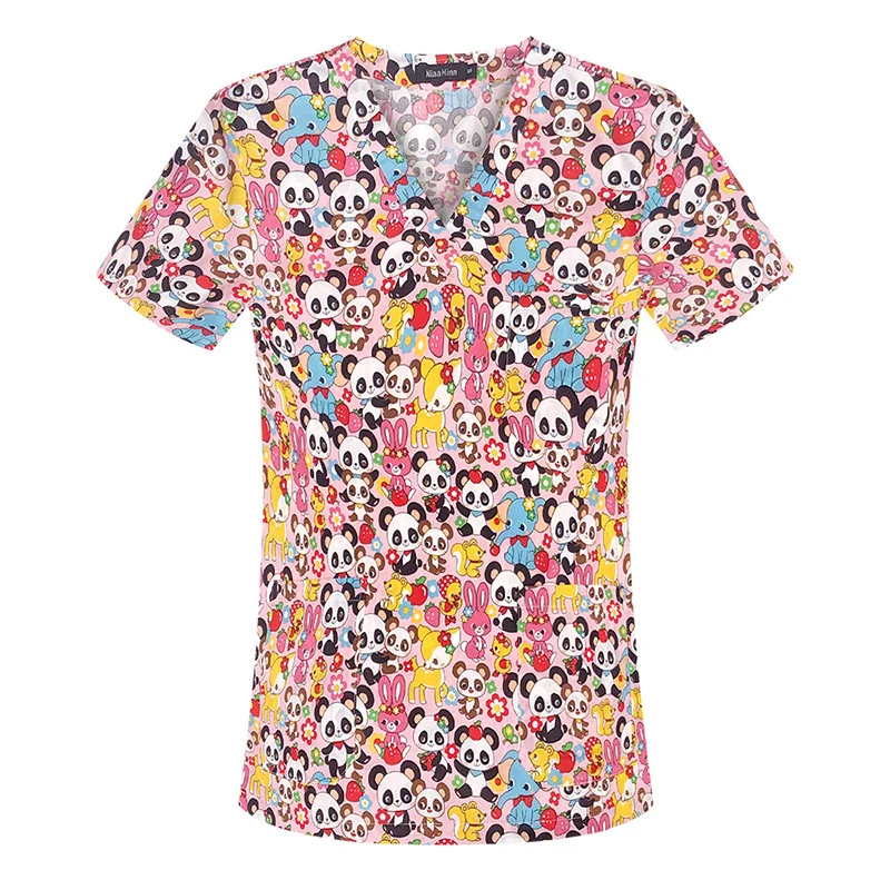 

2023 Nurse Uniform Fashion Print Short Sleeve Summer Thin Cotton Surgical Operating Room Overalls v Neck Nursing Uniform Tshirt