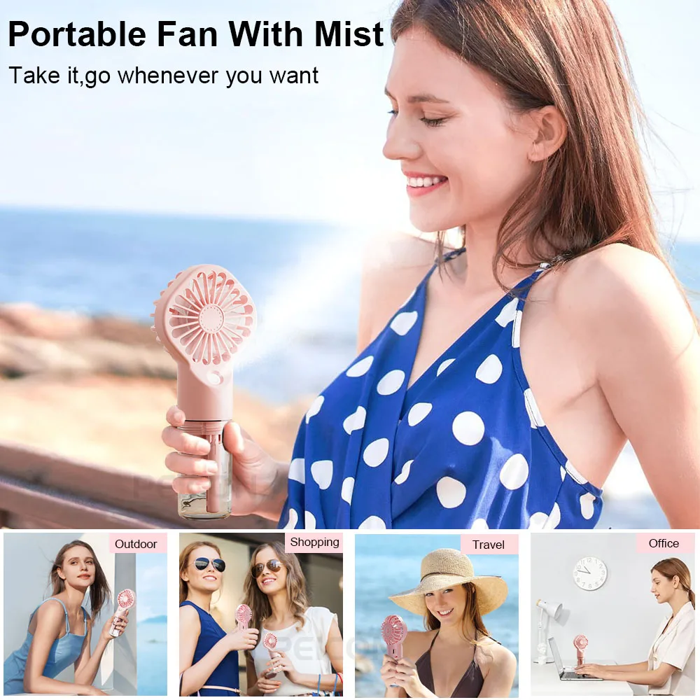 Compact USB Rechargeable Mist Fan - Handheld Low Noise Cooling with 4-Speed Settings