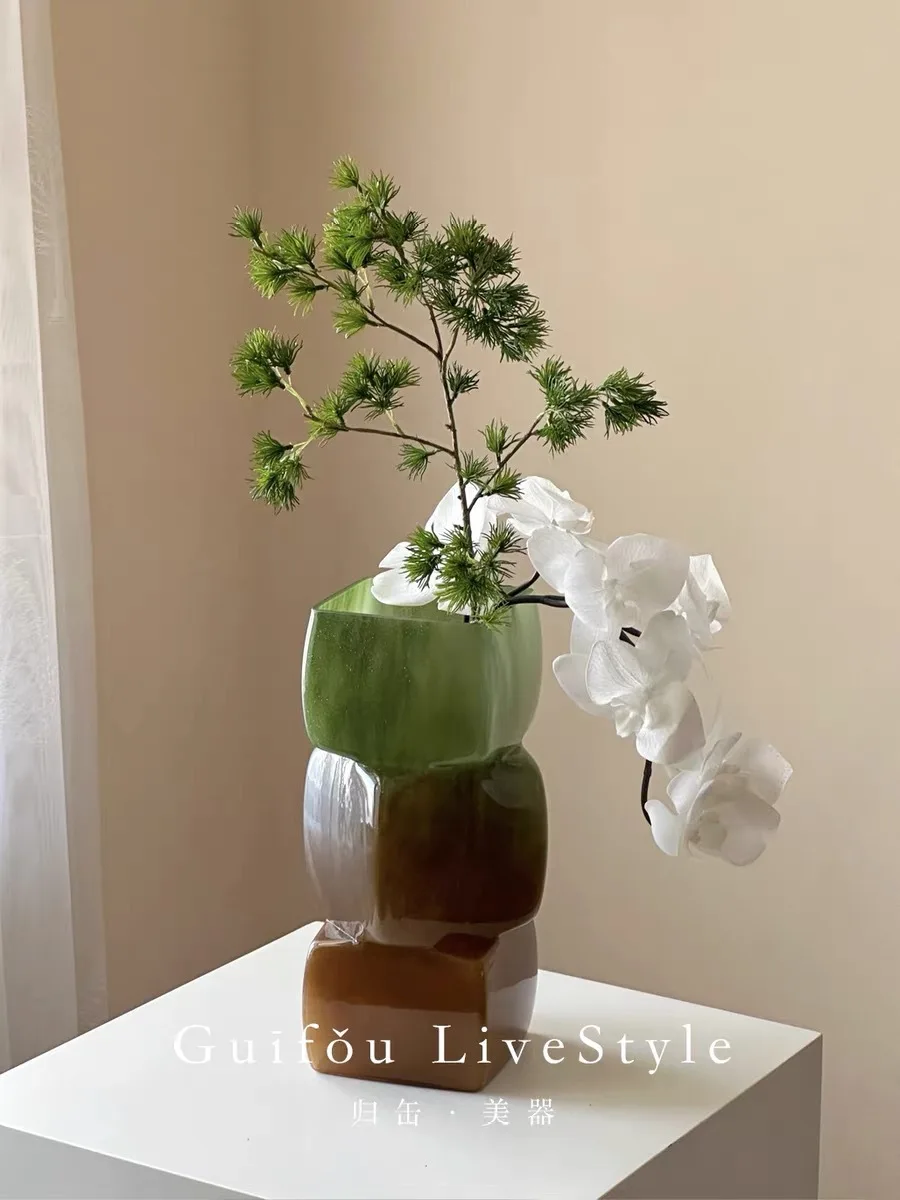Description Picture 2 of itemGlass Vase Geometric Square Stacking Marbling Gradient Flower Vase Floral Arrangement Accessories Terrarium Flower Pot