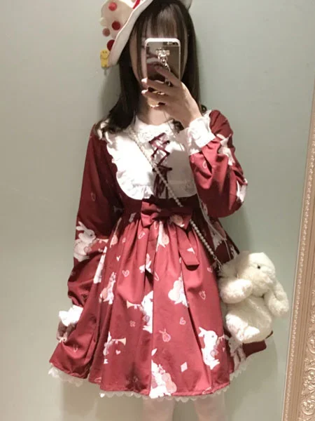 

Sweet Lolita Dress OP Burgundy Lolita Dress Lace Up Printed Long Sleeve Flare Dress For Lolita