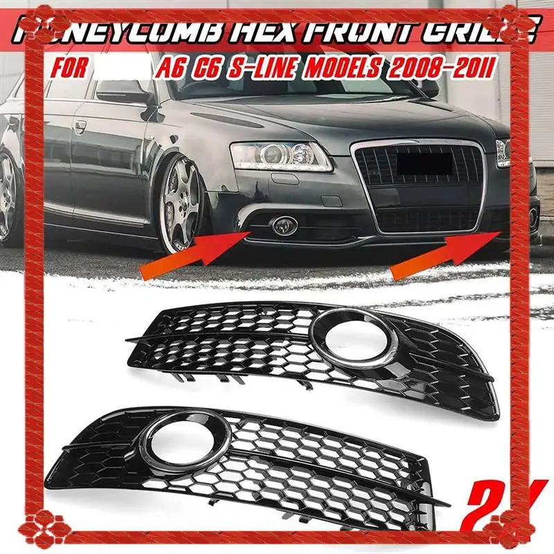 Car Front Bumper Fog Light Lamp Grille Cover Parts Accessories For A6 C6 S-Line 2008-2011 Black 4F0807681Q01C 4F0807681Q02C