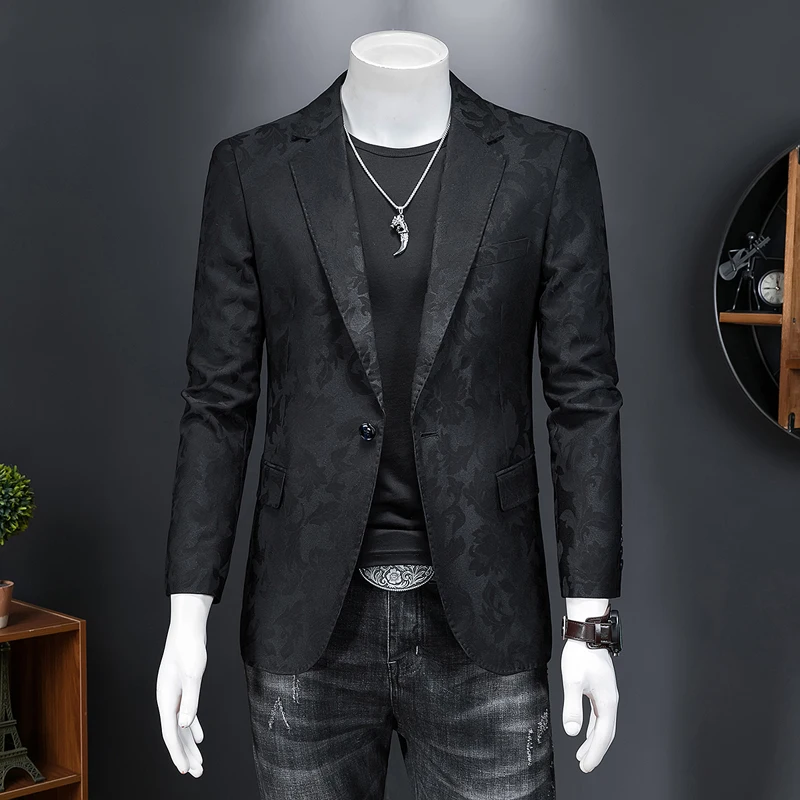 British Style Luxury Jacquard Blazers Men Clothing Business Slim Fit Casual Suit Coat Men Groom Wedding Suit Printed Blazer