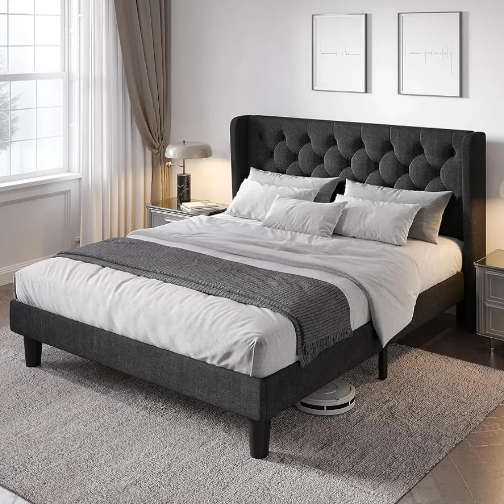 

Full-size bed frame with button-tufted wing-back headboard with solid wood slatted support, modern upholstered bed frame