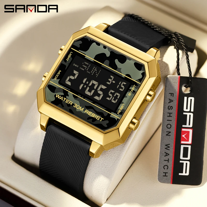 SANDA Watch Square Electronic Watch Multi functional Waterproof Alarm Clock Night Glow Electronic Watch Student Fashion Sports