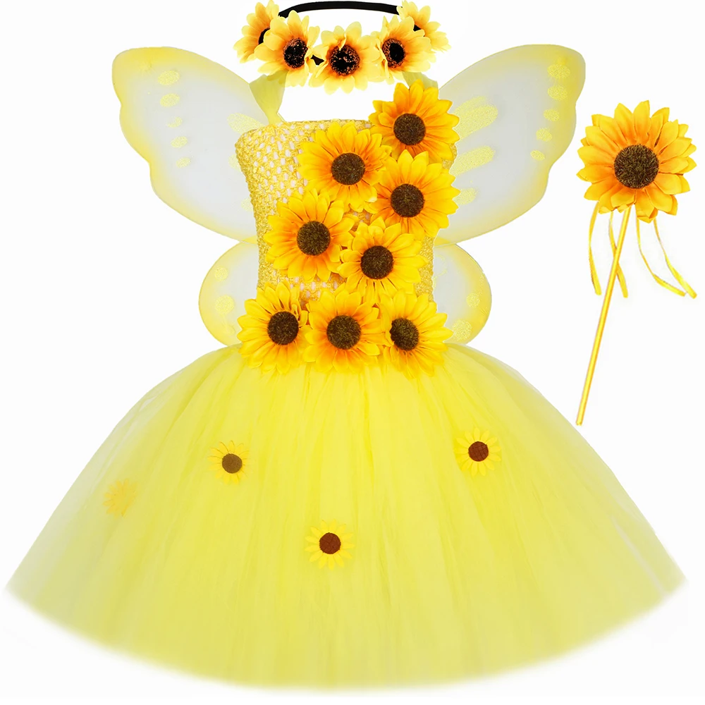 

Fall Autumn Sunflower Fairy Princess Dress for Girls Thanksgiving Holiday Party Costume Set Yellow Kids Flower Girl Tutu Dresses