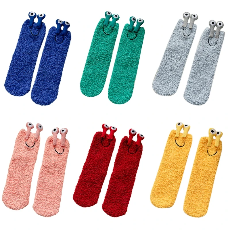 

Женские зимние пушистые тапочки, новинка, забавные 3D мультяшные носки для лягушачьих глаз, Харадзюку, яркие однотонные пушистые