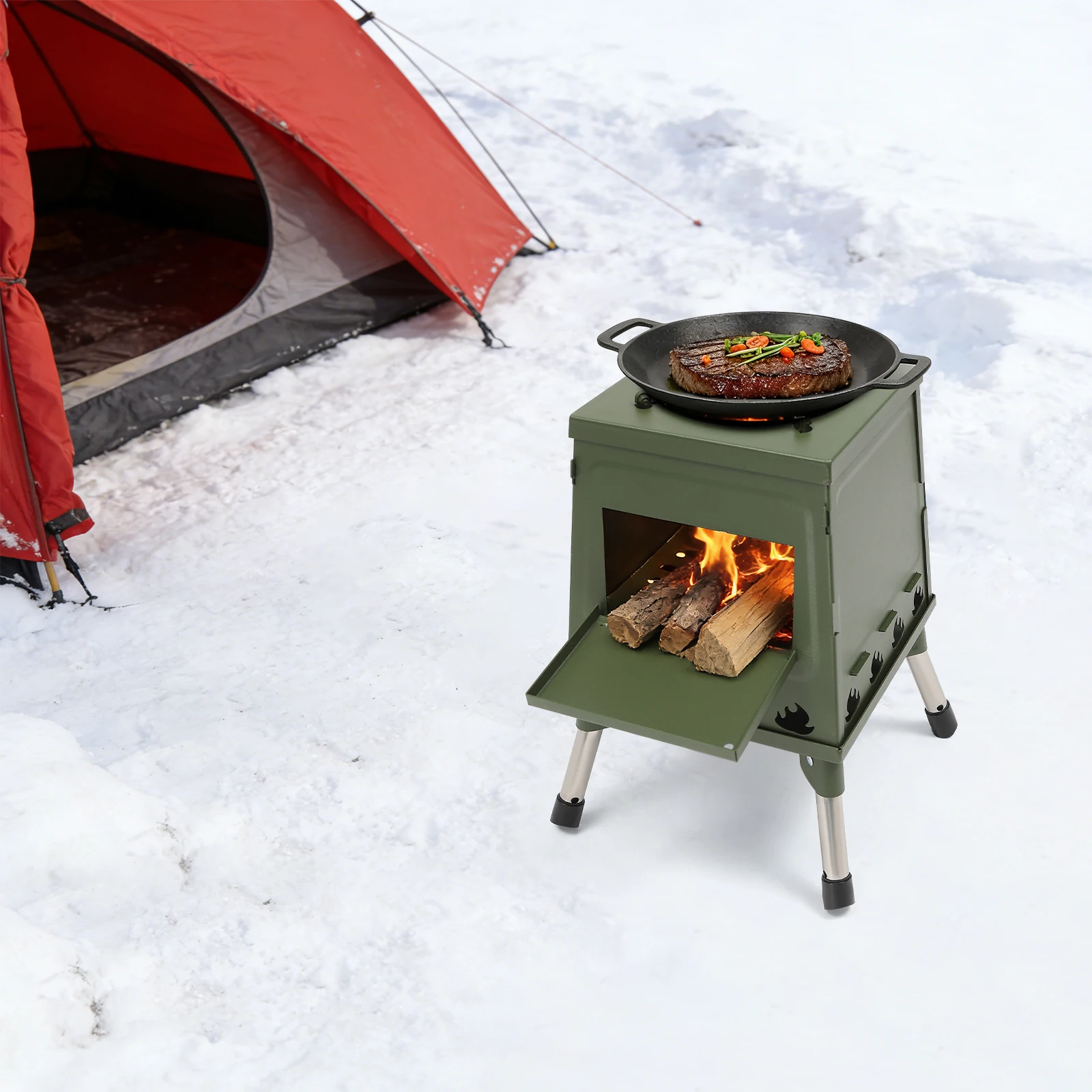 Zeltofen | Schwarz/Grün | Tragbarer Holzofen für Camping und Outdoor-Aktivitäten | Zeltheizung Campingofen Holzofen für Zelte Outdoor – Detail 6