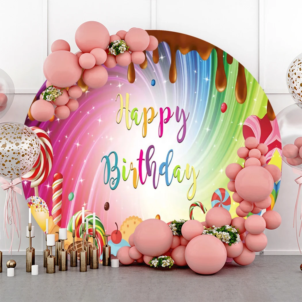 

Candy Bar Shop Theme Round Backdrop Cover Sweet Ice Cream Cupcake Lollipop Photo Baby Birthday Party Photography Background