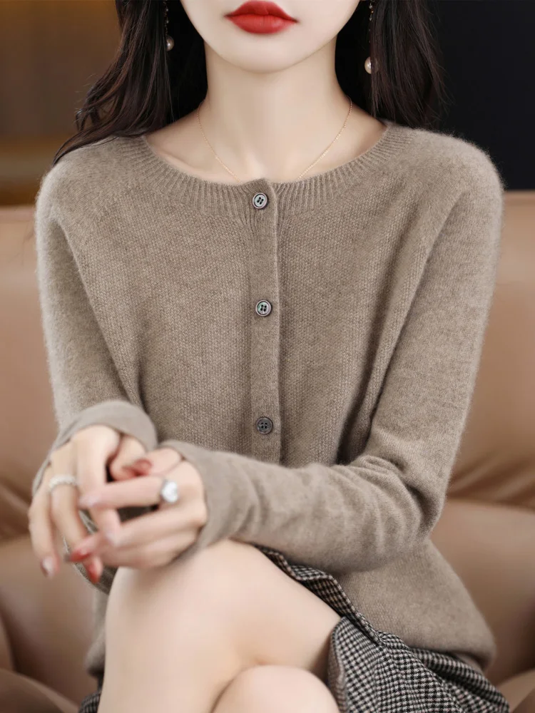 여성용 울 가디건, O넥 긴팔 스웨터, 100% 메리노 울 니트웨어, 그레이스 베이직 의류, 2024 용수철 가을 신상