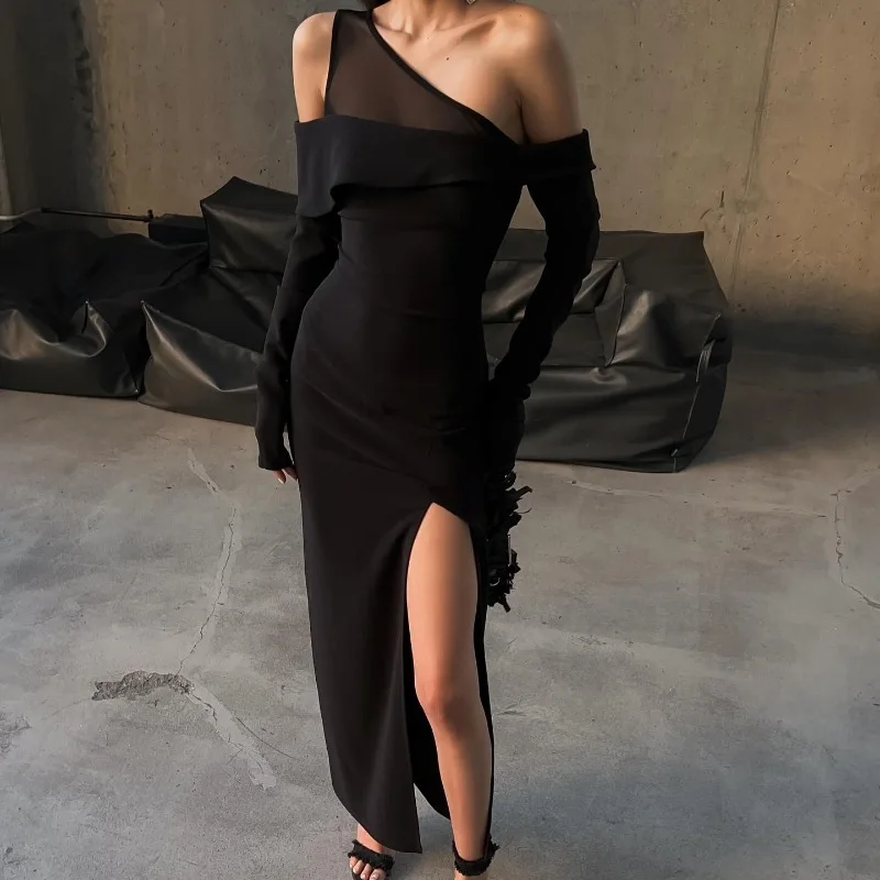 Elegant Mesh Patchwork Women Dress Fall New Sexy High Split Bodycon Long Sleeve Party Evening Dress Slim Vestido