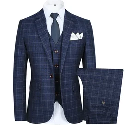 Male Formal High quality Business Work Wear Suits Wedding suit men Plaid Slim Fit Suit 3-piece set Groom Blazers Vest Pants