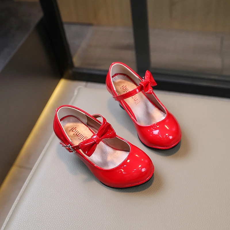 Girls Bow Patent Leather High Heels