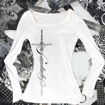 Y2K Harajuku Aesthetic Gothic Fairycore Long Sleeve Tee Character Slim Chic Print Casual Crop Top Grunge Punk Hip Hop Streetwear 1