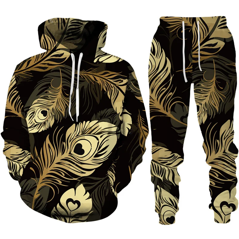 Tuta Da Uomo 2 Pezzi Con Stampa Catena Dorata, Felpa Con Cappuccio E Pantaloni, Casual Hip-Hop, Taglia M