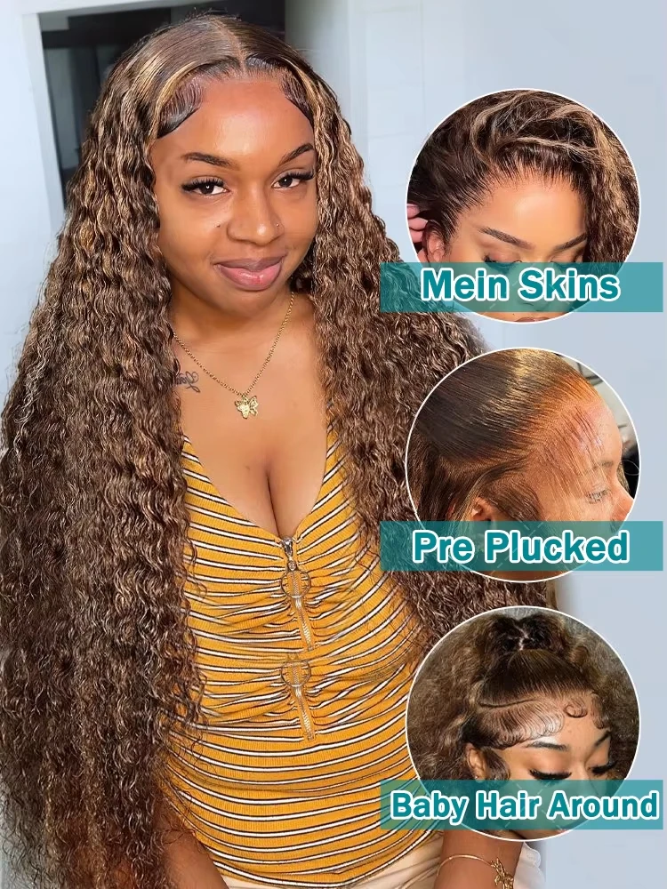 4/27 Highlight Ombre Deep Wave HD Lace Front Wigs Water Curly 30 40 Inch Brown 13x6 Color Lace Frontal Human Hair Wig Brazilian