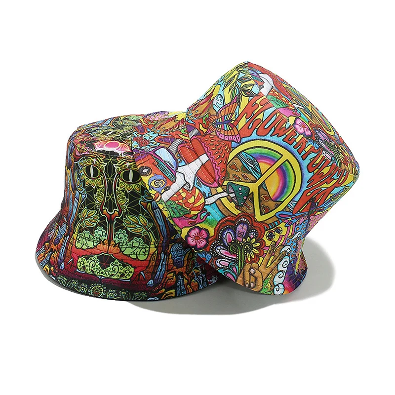 Flowerpower Peace Bike Retro Punk Hippie Fischerhut, beidseitig tragbar, künstlerisches Poster-Design, auffälliger Bucket Hat, beidseitig bedruckter Bucket Hat, Unisex-Modeaccessoire für Outdoor-Sport und Freizeit, geeignet für Festivals, Partys und Abenteuer. – Detail 13