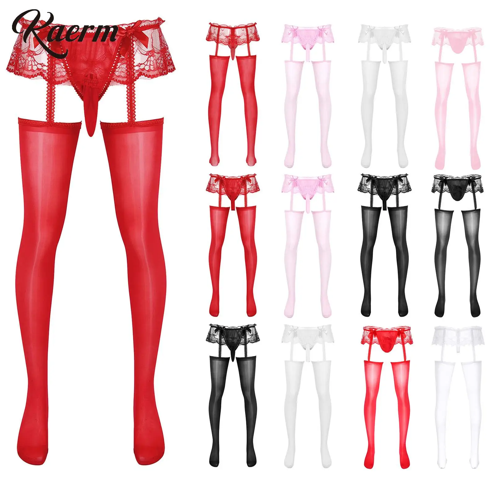 

Men's Sissy Pantyhose Leggings Ruffles Lace Skirted Bulge Pouch G-Strings Panties Garters STocking Crossdresser Night Costume