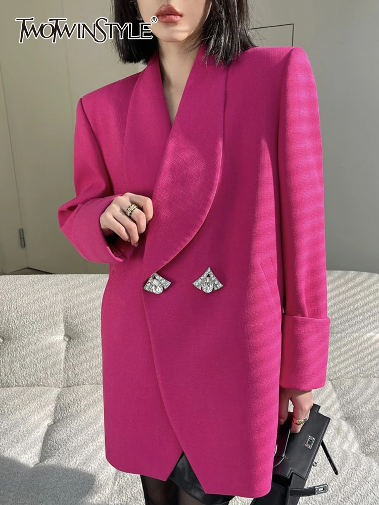 

TWOTWINSTYLE Solid Loose Patchwork Diamond Button Casual Blazers For Women Notched Collar Long Sleeve Chic Balzer Female 2023