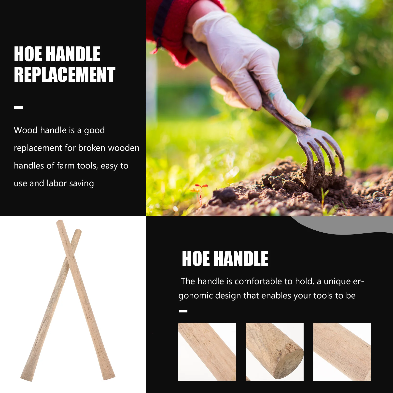 2 Pcs Solid Wood Handle Garden Tool Household Wooden Broom Replacements Hoe Long Grip 6