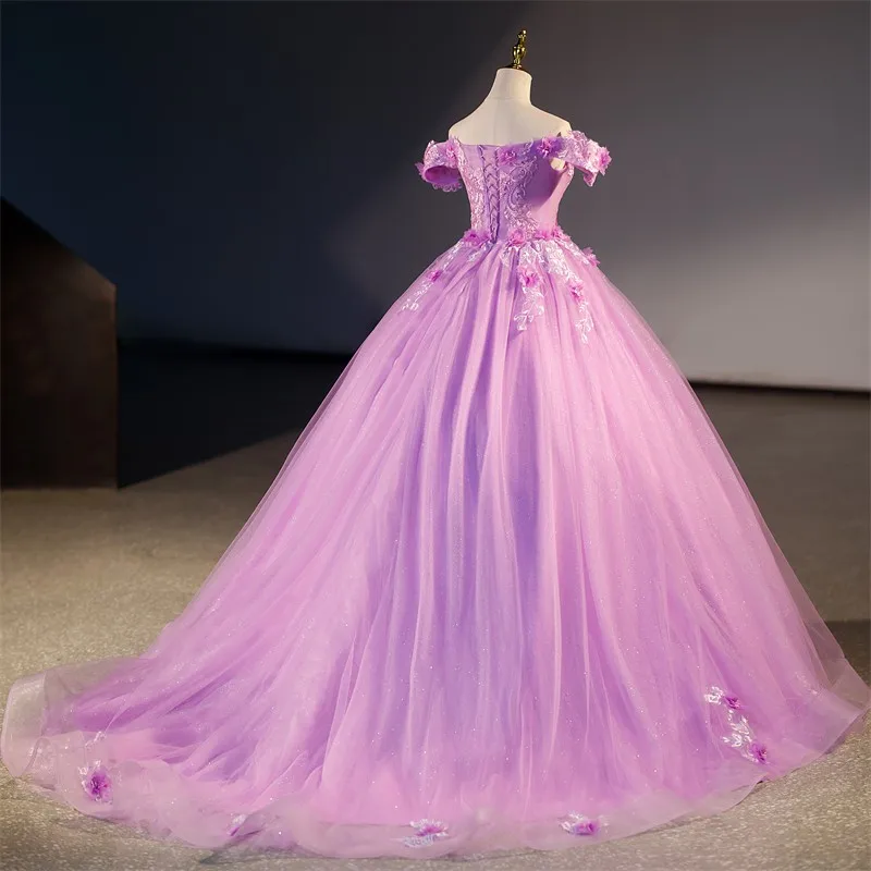 Spring New Purple Quinceanera Dresses With Train Sweet Flower Boho Party Dress Shinny Sequin Ball Gown Luxury Lace Vestidos