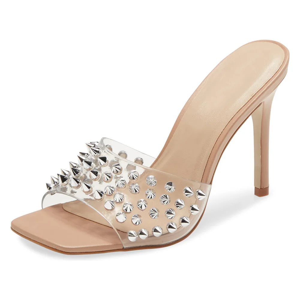 

Simple apricot color large size transparent square head stiletto sandals and slippers silver nail fashion Muller slippers