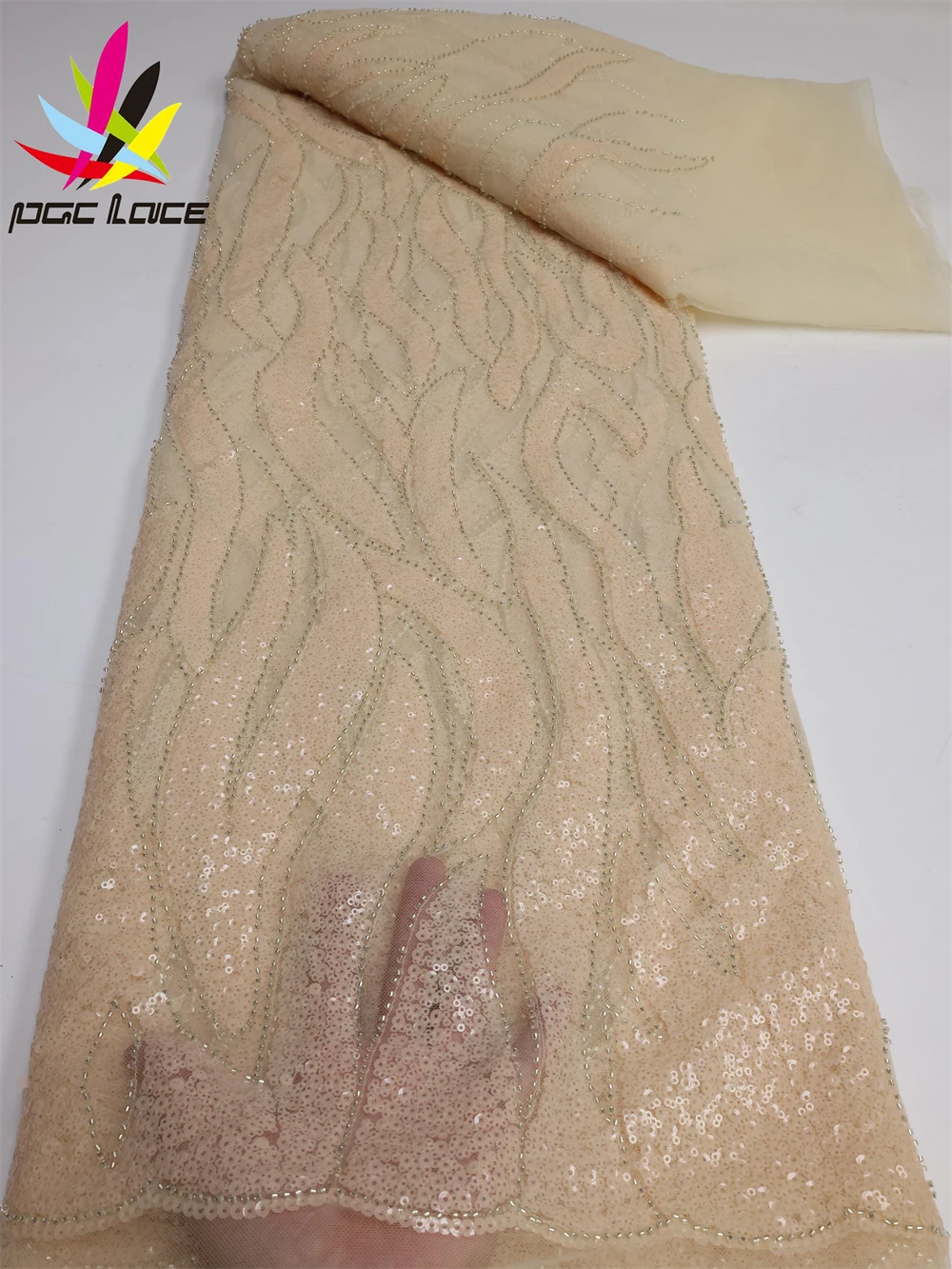 PGC Gold African Groom Lace Fabric 2023 High Quality French Mesh Lace Fabric Sequins Nigerian Lace Fabrics For Wedding pgc white african sequins lace fabric french beaded mesh lace high quality 2021 nigerian lace fabrics for party sewing ya4671b 6
