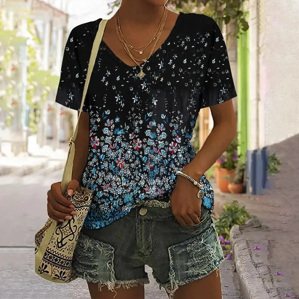 

Женская футболка с цветочным принтом, V-образным вырезом и коротким рукавом