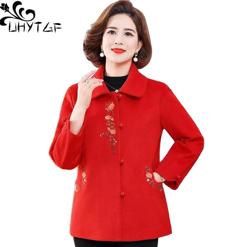 

UHYTGF Autumn Winter Woolen Coat Women Fashion Embroidered Short Jackets Female 2022 New Korean Casual Mother Outerwear 5XL 2225