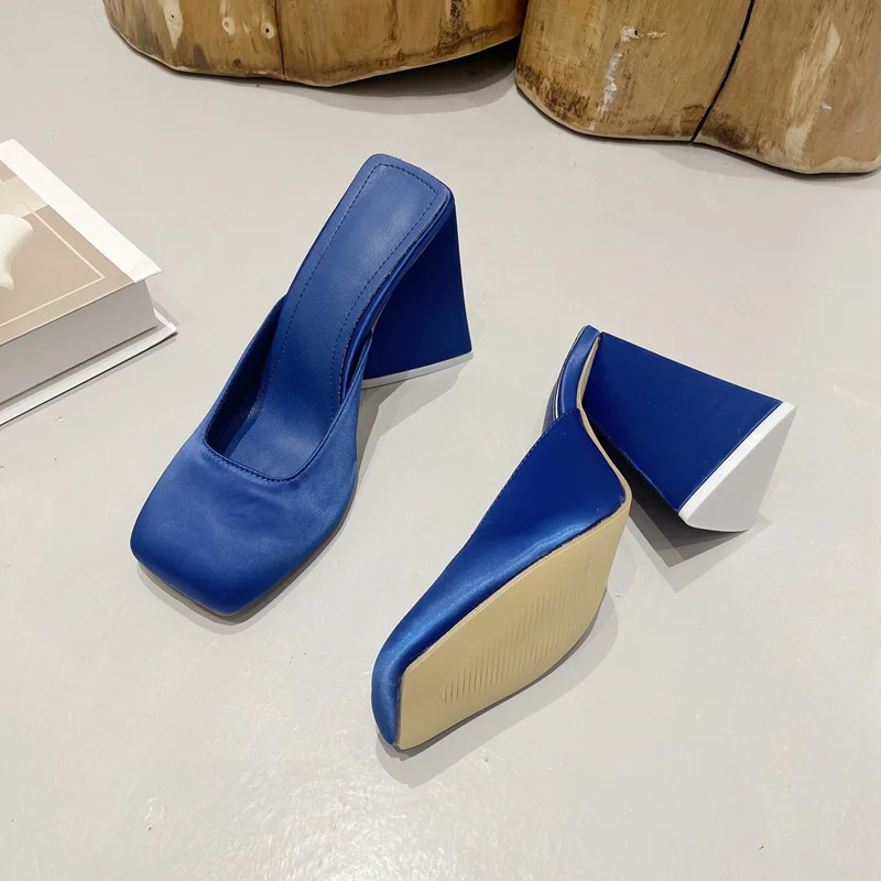 Vanessas blue triangle high heels mules for women – runway square toe slip-on sandals