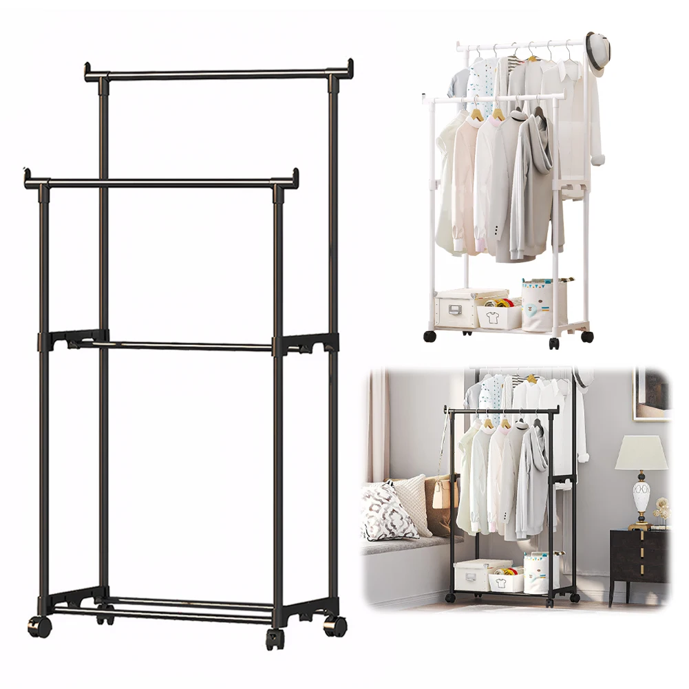 Double Rods Garment Rack Portable Clothes Organizer Clothes Rack with Wheels Clothes Hanging Rack for Bedroom Living Room