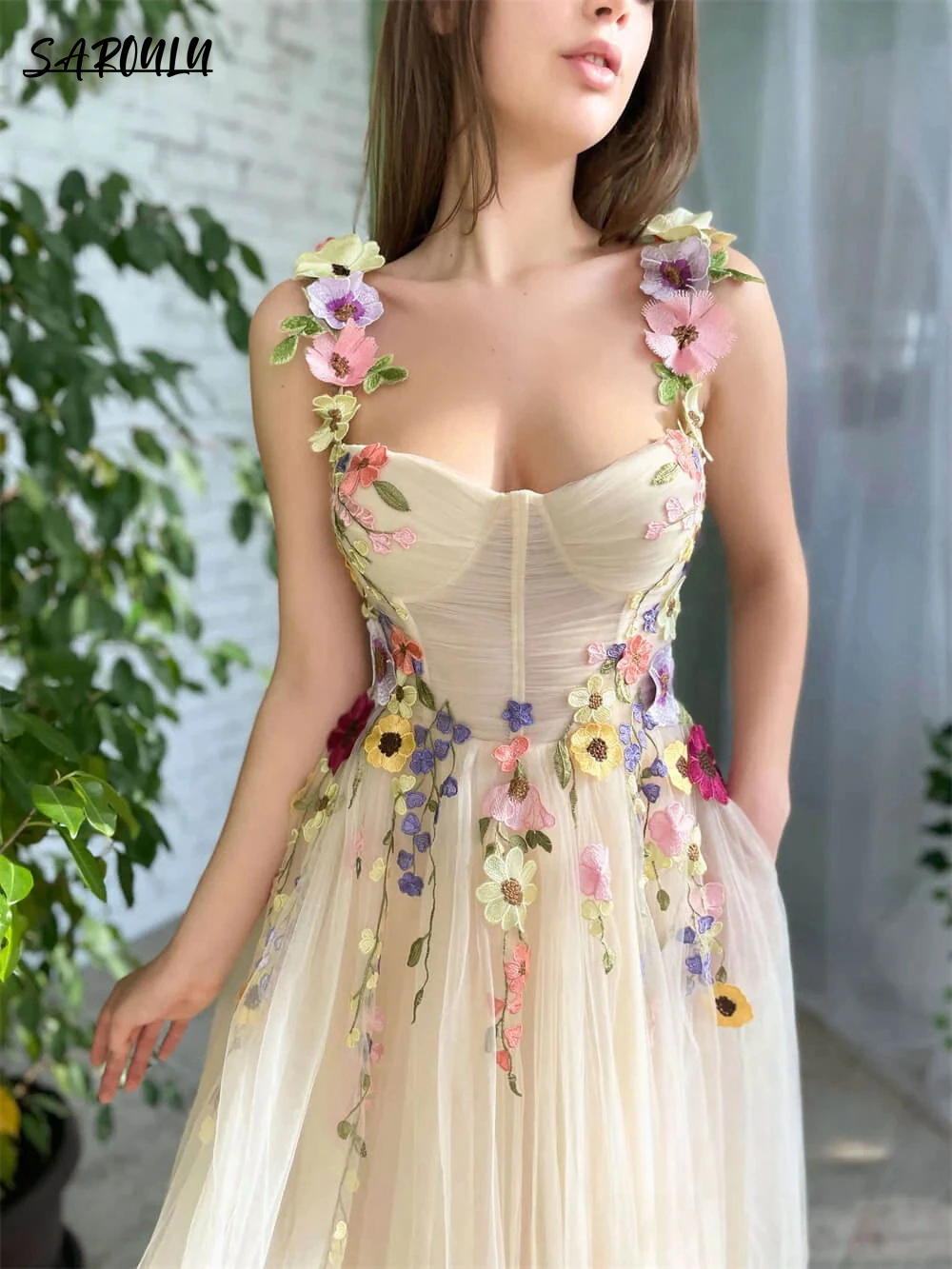 Cocktail Dress Bohemian Appliques Tank Sleeve Homecoming Dress Romantic Tea-length 3D Flower Cocktail Party Gown