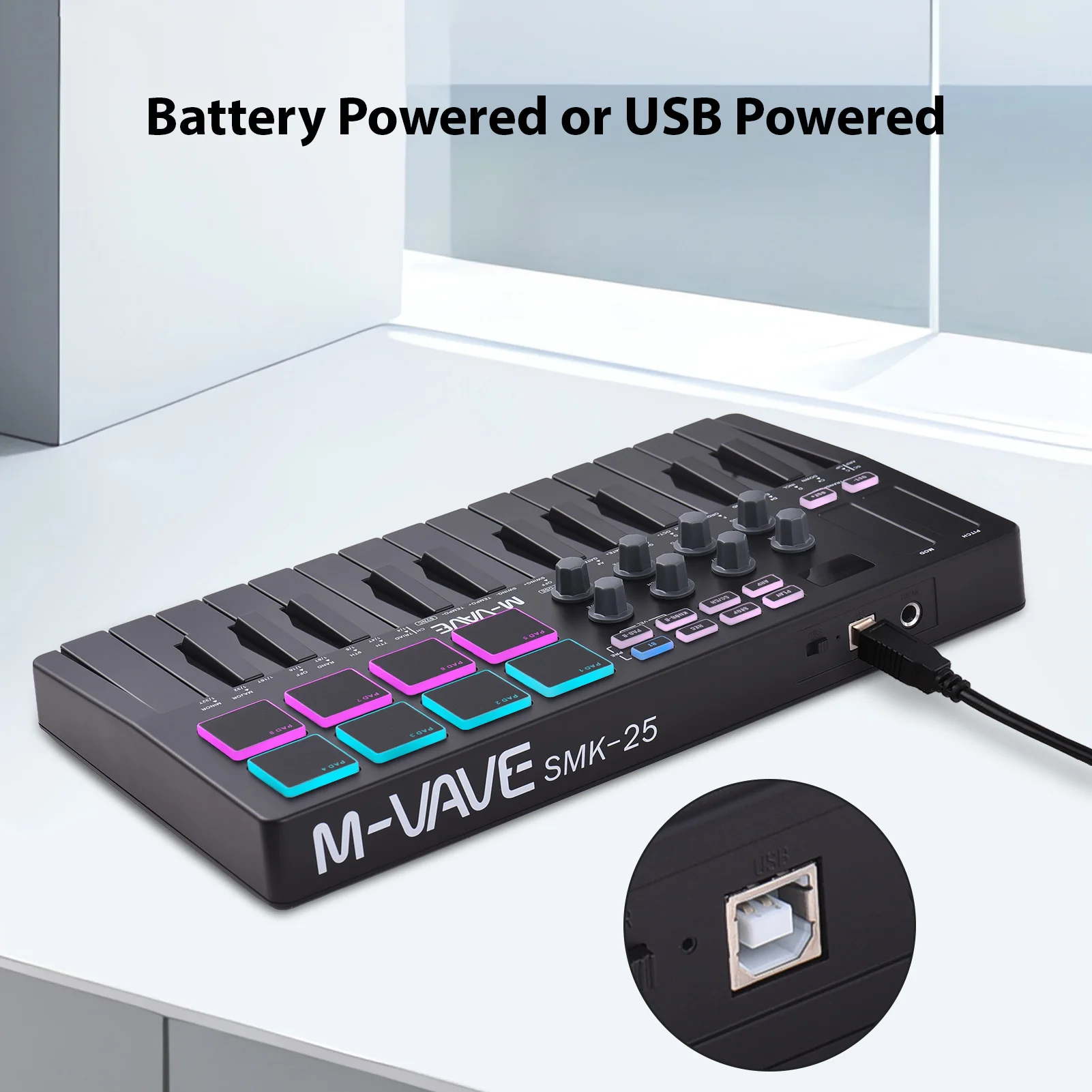 Rechargeable 25 Keys MIDI Keyboard Arranging Strike Pad RGB MIDI Assignable Knobs Keyboard Controller Beat Maker Machine electronic musical instrument,midi control keyboard