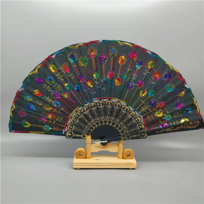 Lot of 6 Glitter Sequined Asian Chinese Japanese Danceing Hand held Folding Fan! 