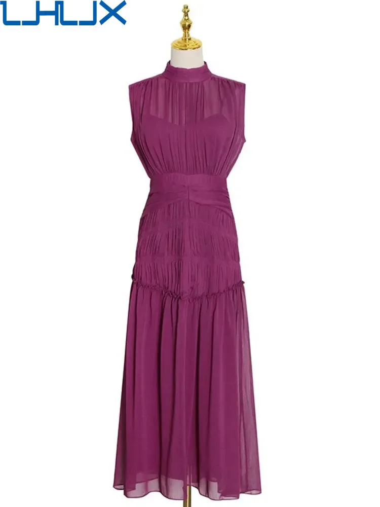 

LJHLJX Vintage Ruched Dress For Women Stand Collar Sleeveless High Waist Chiffon Midi Dresses Female 2022 Fashion New AH605