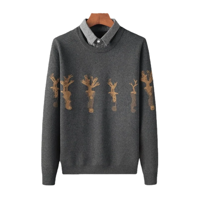 

Winter Thickened Shirt Collar Two piece Sweater Set for Men's Trendy Coat Korean Handsome Deer Knitted Bottom Shirt B73