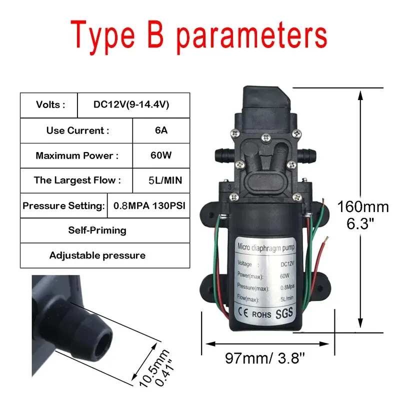 Electric Water Pump DC12V 120PSI 5LMin High Pressure Diaphragm Black Micro Self Priming Sprayer Car Was