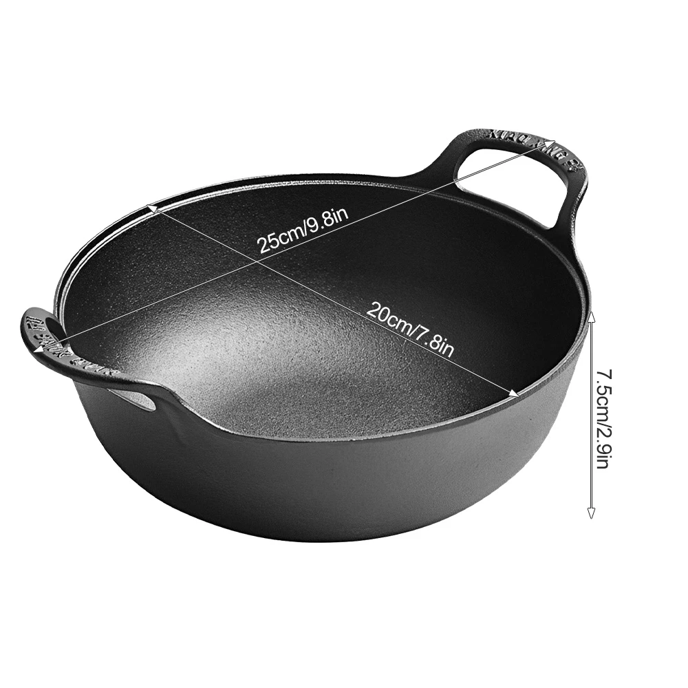 Gusseisentopf, verdickter Doppelgriff-Eintopf, Wok-Topf, unbeschichtete, antihaftbeschichtete Bratpfanne zum Rühren, Grill, Dampf, asiatisches chinesisches Essen – Detail 8