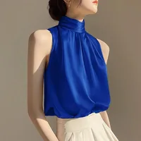 2025 Silkly Satin Sleeveless Crop Top Summer Half Turtleneck Women Pulover Tee Halter Vest Lady Loose Shirts Red party Blouses - Image 4