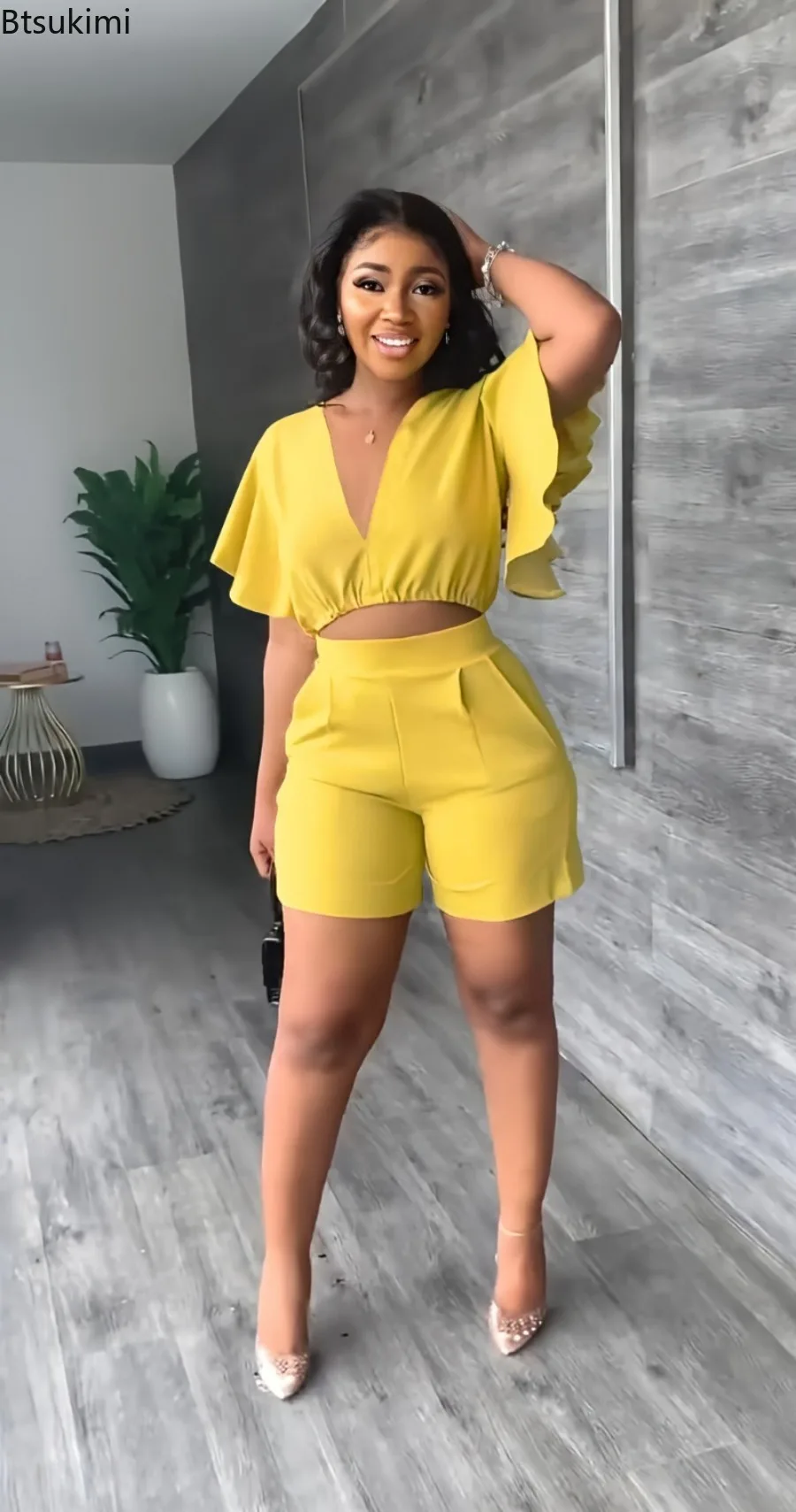 2023 Two Piece Casual Sets for Women Tracksuit Sexy V Neck Ruffled Sleeve Crop Top & Pockets Shorts Suits Summer Casual Outfits