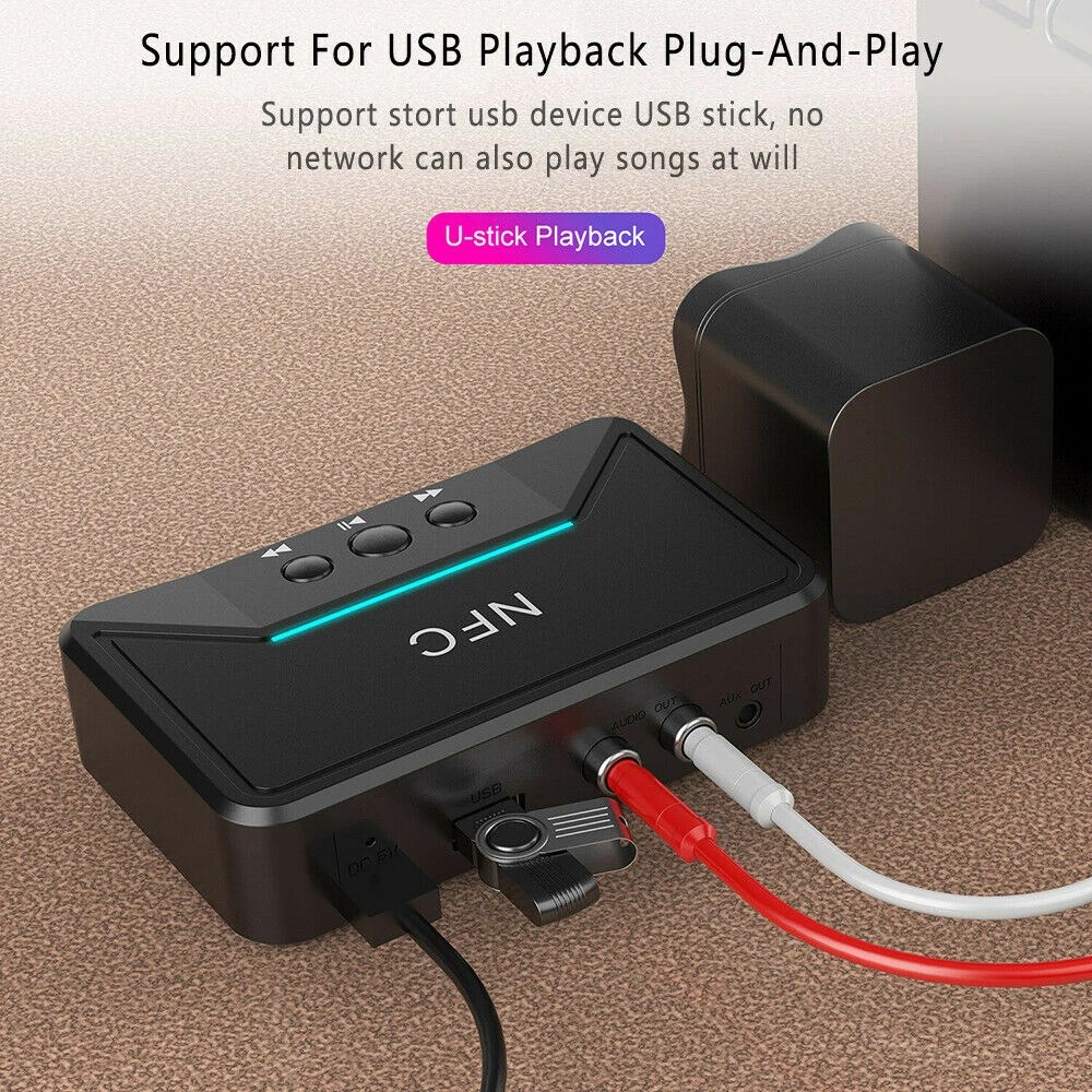 Audio Receiver Adapter NFC 3.5mm RCA AUX Output Wireless Bluetooth-compatible Aux Stereo Receptor For Amplifier Speaker