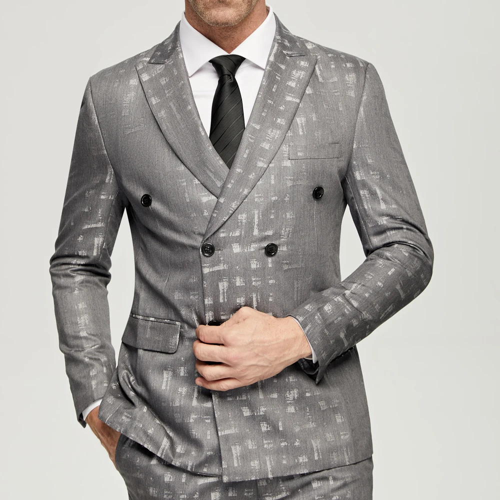 

Men's Grey Jacquard Suits 2023 Casual Double Breasted 6 Buttons Wedding Grooms Wear (Jacket+Pants) Formal Prom Dinner Suits