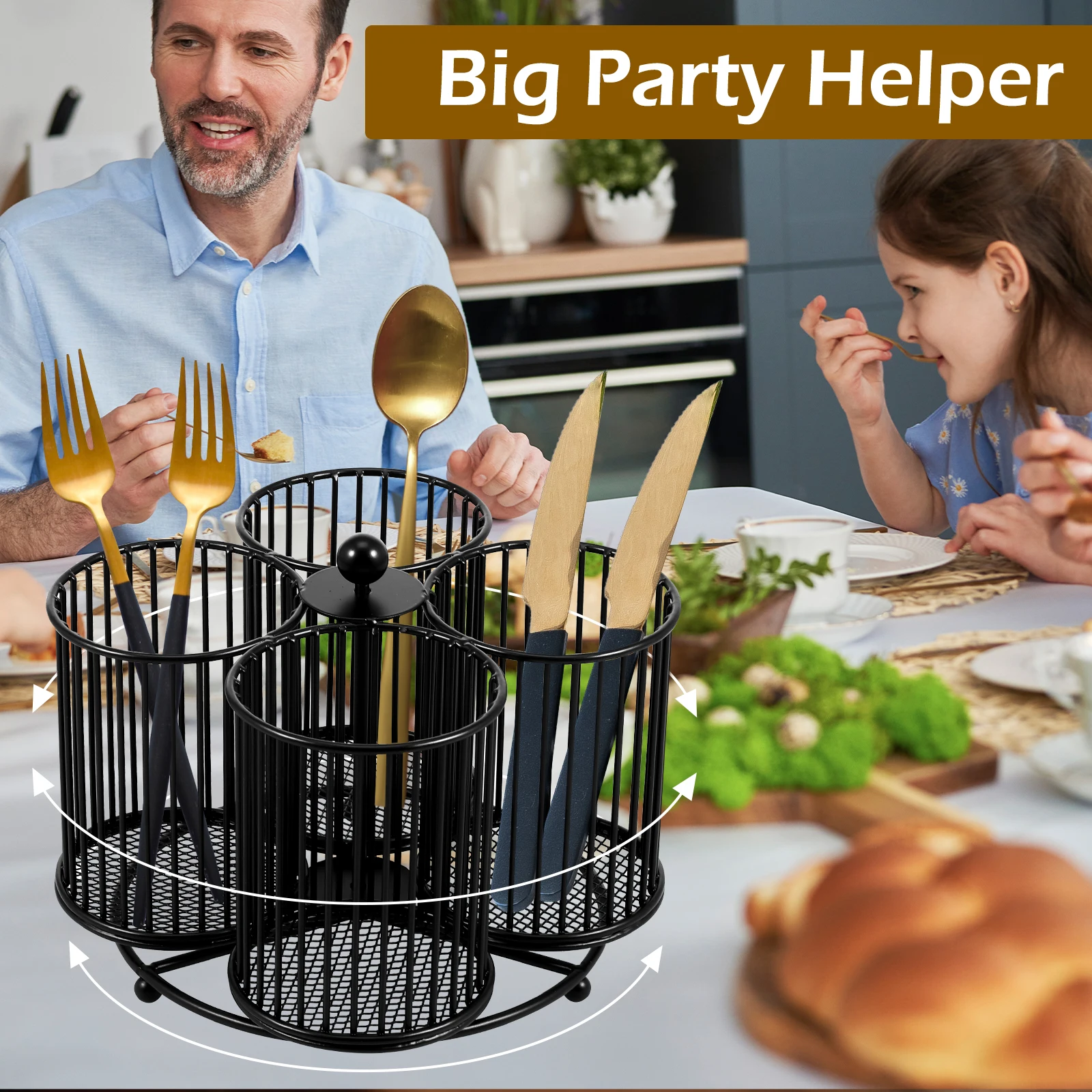 Metal Utensil Caddy 360 Degree Rotating Cutlery Holder 3/4/5 Compartment Flatware Storage Basket Kitchen Camping Countertop
