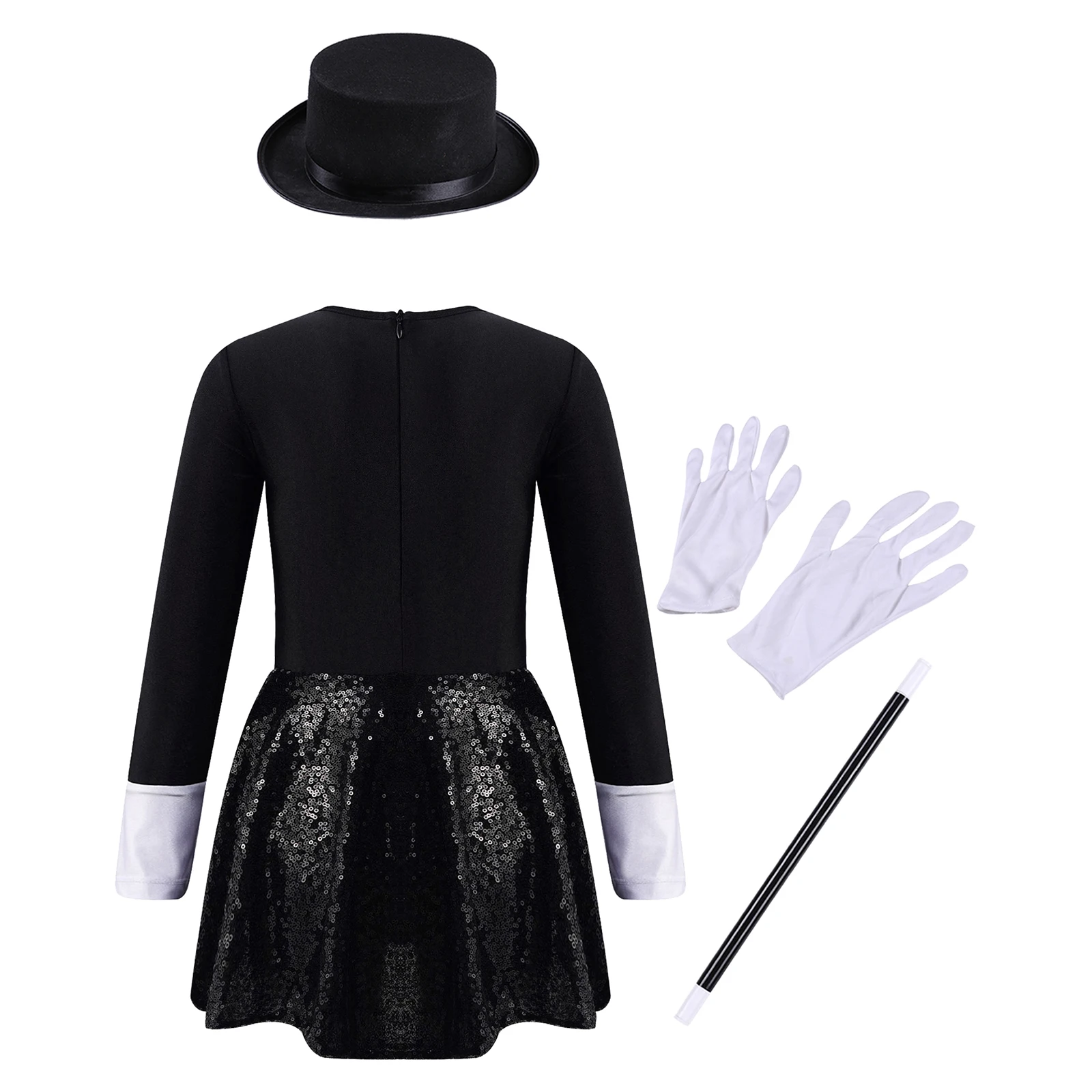 Kids Girls Magician Costume Halloween Circus Cosplay Performance Clothes Shiny Sequin Leotard Dress with Hat Magic Wand Gloves cosplay costume kids girls dress halloween dress outfit