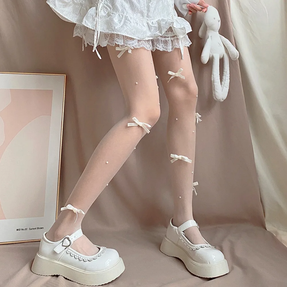 Lolita Bow Pearl Tights Y2k Style Ultra-thin Pantyhose Vintage Velvet Breathable Hollow Out Fishnet Socks