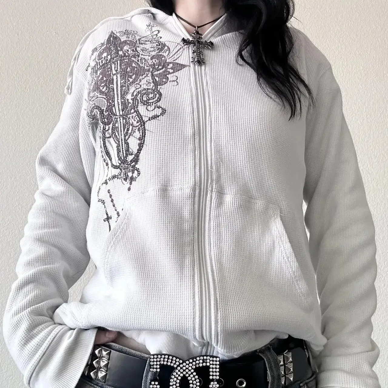 Sudadera Y2k Con Capucha Y Cremallera Para Mujer, Manga Larga, Estética, Estampado De Estrellas Grunge, Ropa De Calle, Ll- Corazón Azul