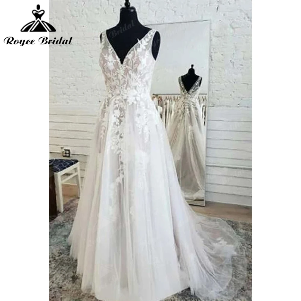 

Beach Fairy Tulle A-line V-neck Wedding Dresses Open Back Lace Vintage Bohemian Sleeveless Long Custom Size abiti da sposa