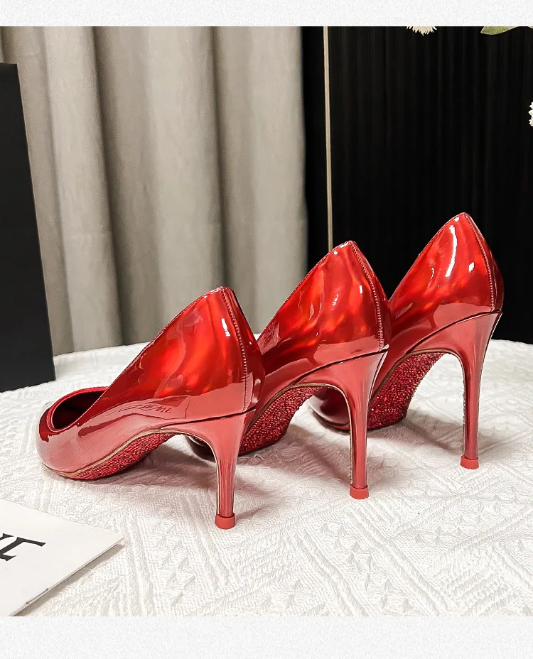 Water Diamond Red Sole Women's High Heels Wedding Shoes Women's Shallow Mouth Fine Heels Lacquer Leather Sexy Style Single Pumps